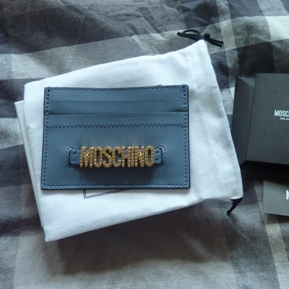 Moschino Embellished Logo Leather Card Case, Blue